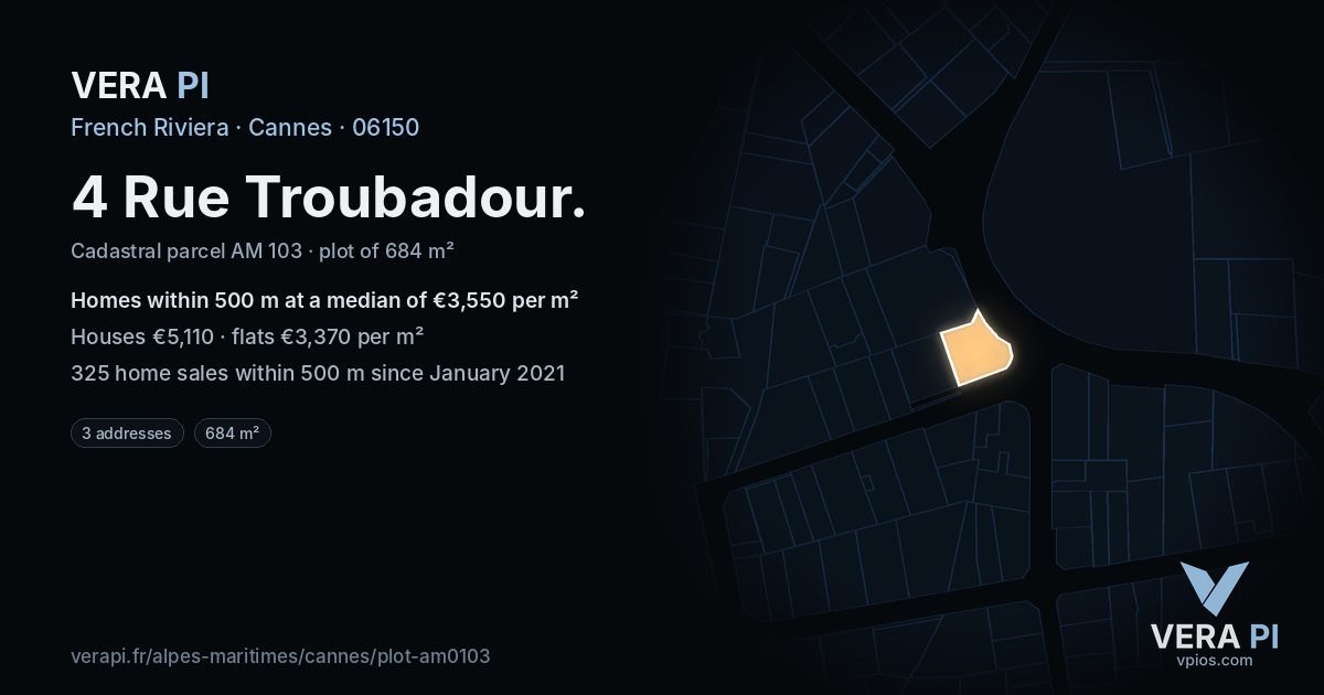 4 Rue Troubadour, Cannes at night – the plot lit, the parcels around coloured by the prices near them
