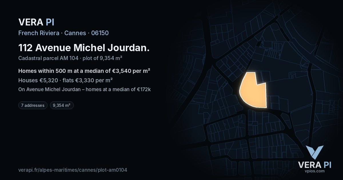 112 Avenue Michel Jourdan, Cannes at night – the plot lit, the parcels around coloured by the prices near them