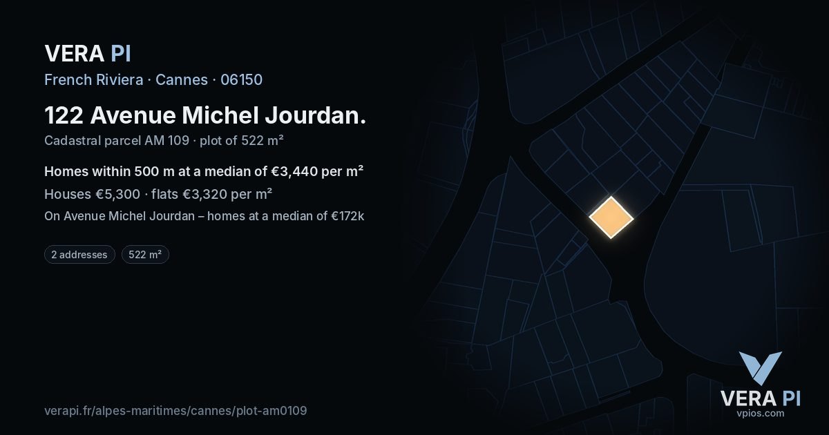 122 Avenue Michel Jourdan, Cannes at night – the plot lit, the parcels around coloured by the prices near them