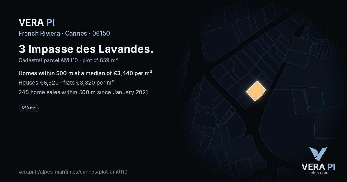 3 Impasse des Lavandes, Cannes at night – the plot lit, the parcels around coloured by the prices near them