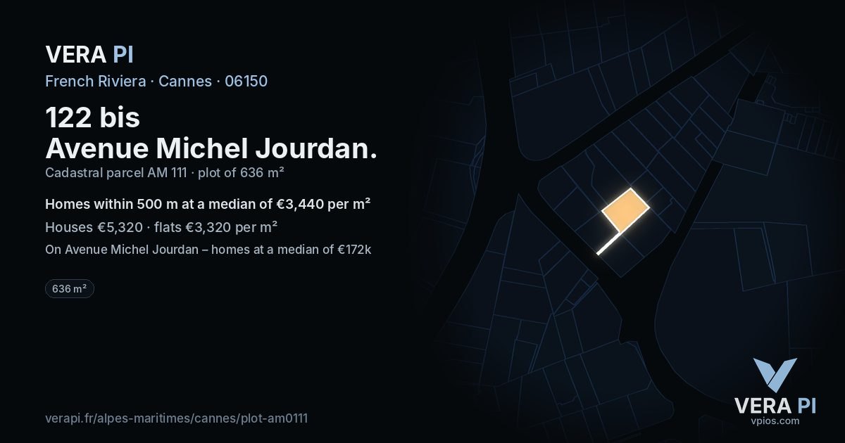 122 bis Avenue Michel Jourdan, Cannes at night – the plot lit, the parcels around coloured by the prices near them