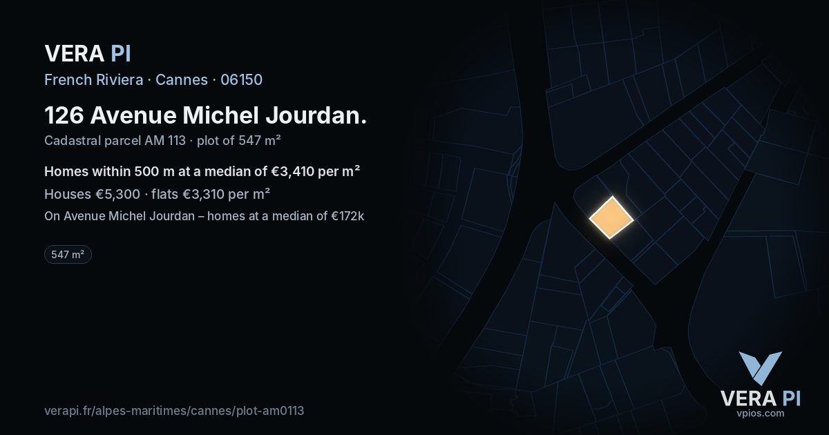 126 Avenue Michel Jourdan, Cannes at night – the plot lit, the parcels around coloured by the prices near them