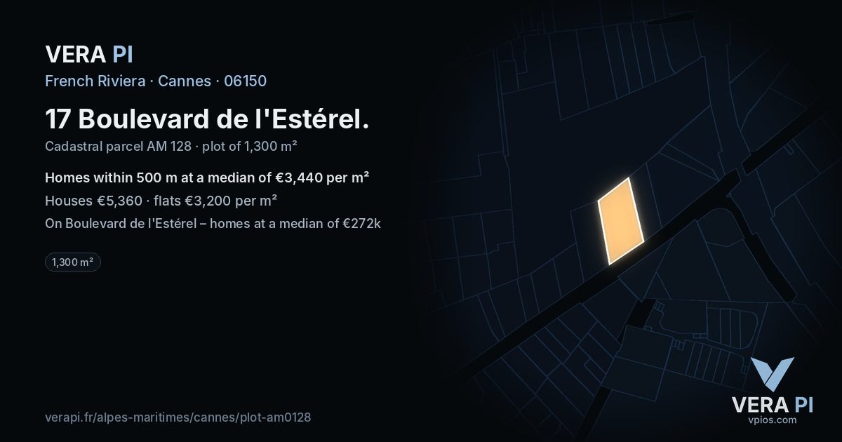 17 Boulevard de l'Estérel, Cannes at night – the plot lit, the parcels around coloured by the prices near them