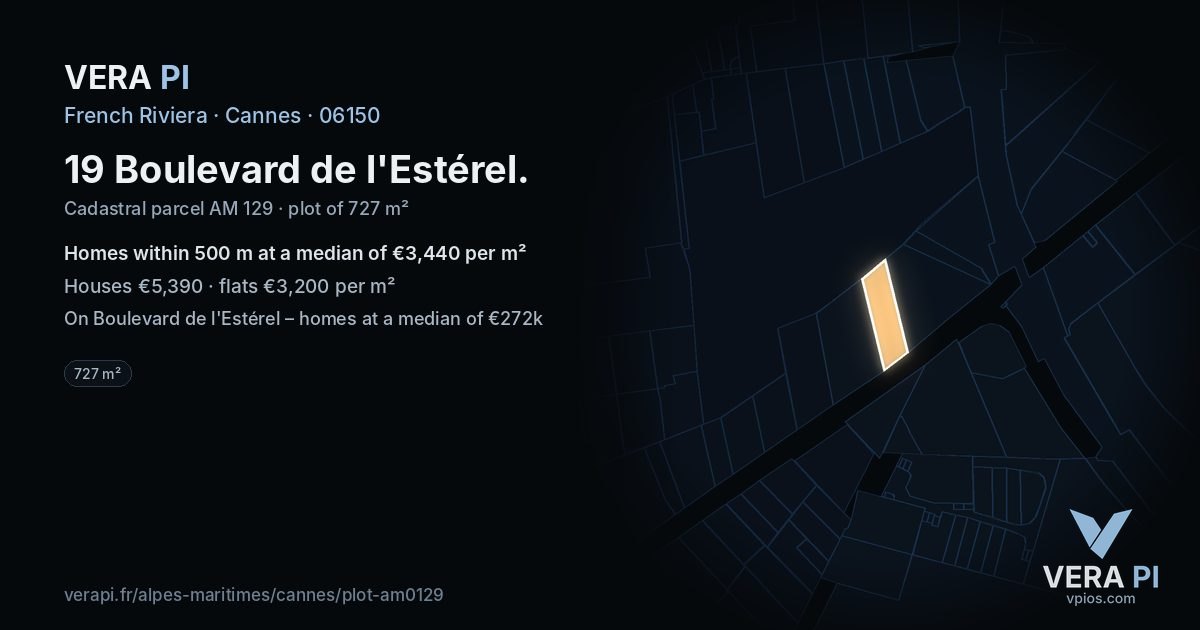 19 Boulevard de l'Estérel, Cannes at night – the plot lit, the parcels around coloured by the prices near them