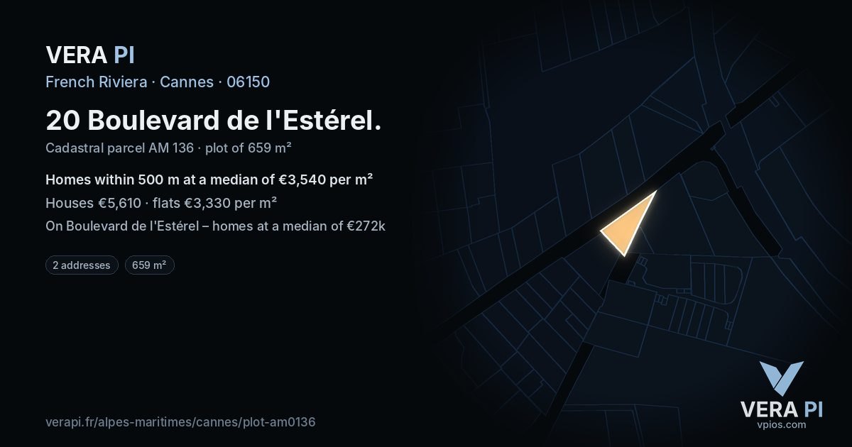 20 Boulevard de l'Estérel, Cannes at night – the plot lit, the parcels around coloured by the prices near them