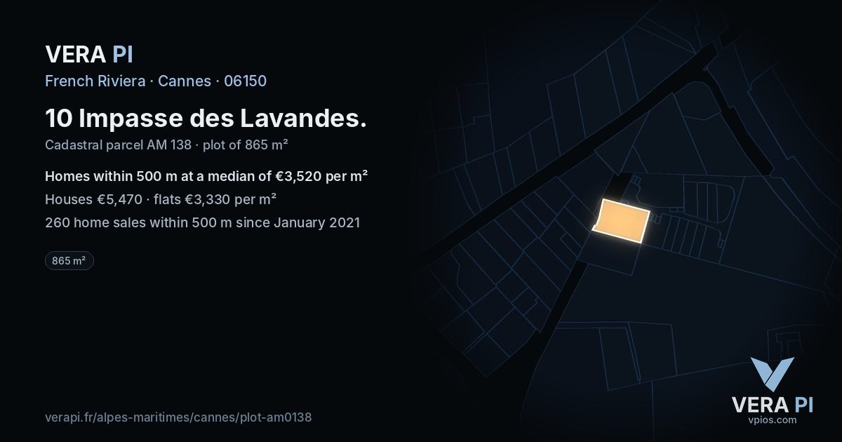 10 Impasse des Lavandes, Cannes at night – the plot lit, the parcels around coloured by the prices near them
