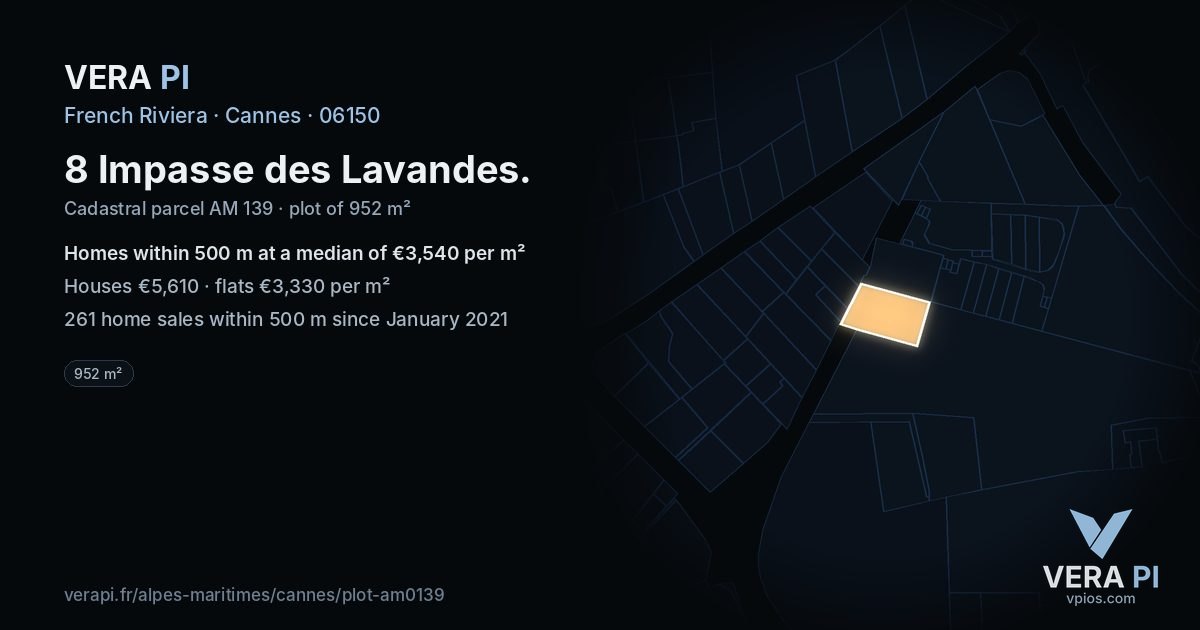 8 Impasse des Lavandes, Cannes at night – the plot lit, the parcels around coloured by the prices near them