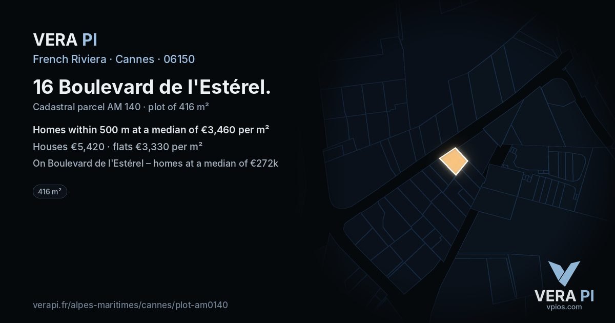16 Boulevard de l'Estérel, Cannes at night – the plot lit, the parcels around coloured by the prices near them
