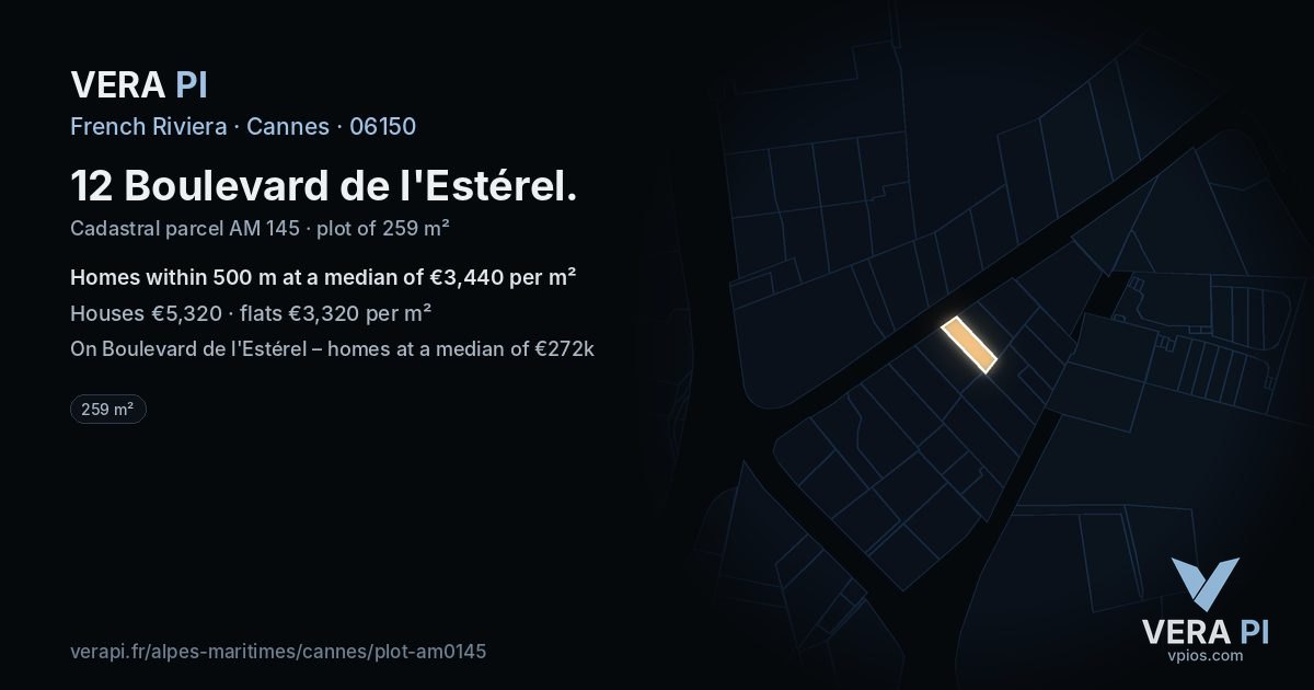 12 Boulevard de l'Estérel, Cannes at night – the plot lit, the parcels around coloured by the prices near them