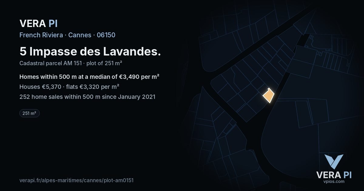 5 Impasse des Lavandes, Cannes at night – the plot lit, the parcels around coloured by the prices near them
