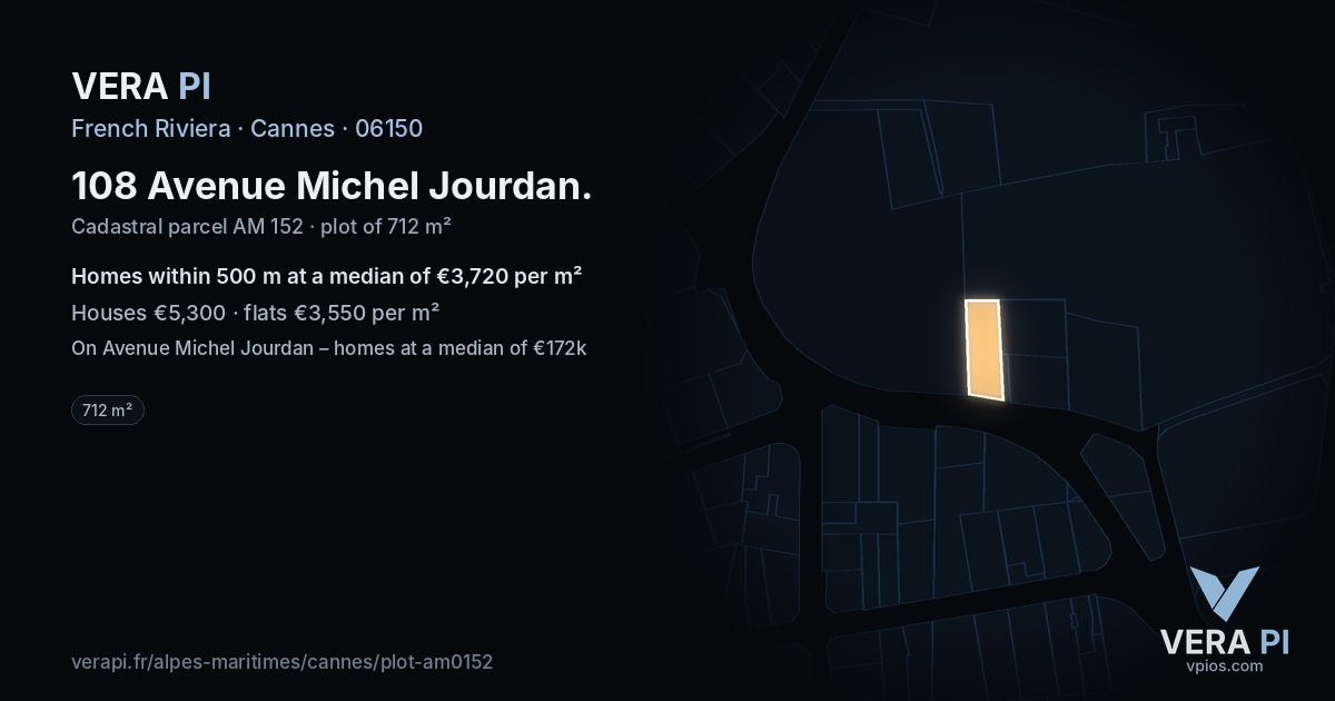 108 Avenue Michel Jourdan, Cannes at night – the plot lit, the parcels around coloured by the prices near them