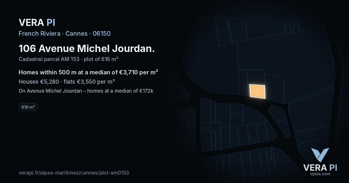106 Avenue Michel Jourdan, Cannes at night – the plot lit, the parcels around coloured by the prices near them