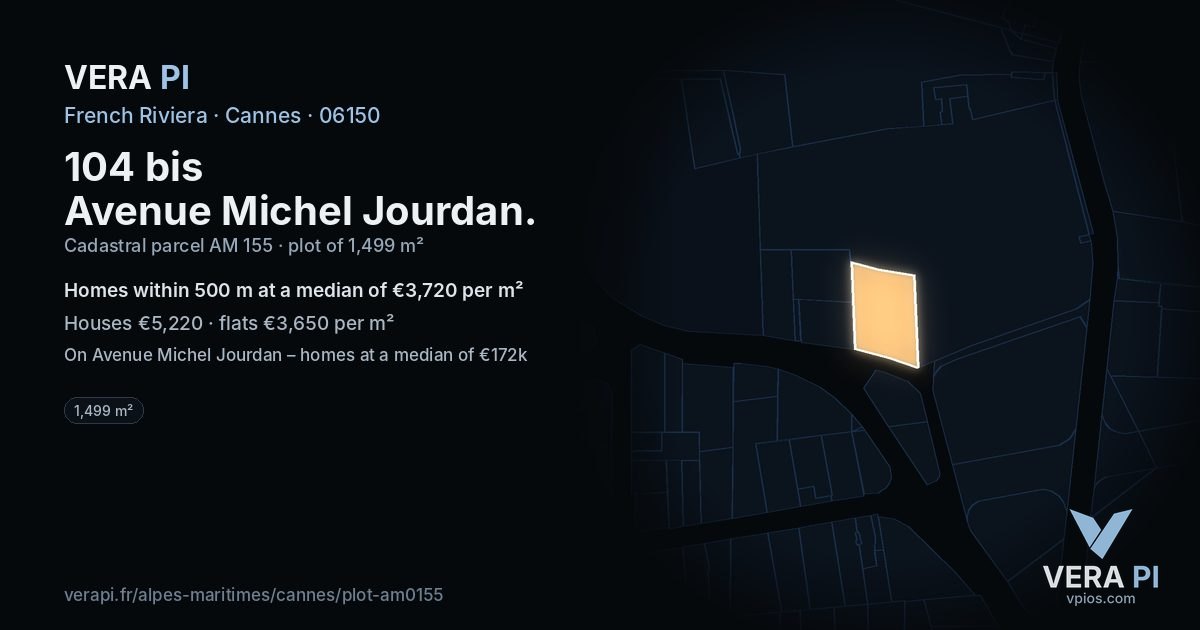 104 bis Avenue Michel Jourdan, Cannes at night – the plot lit, the parcels around coloured by the prices near them