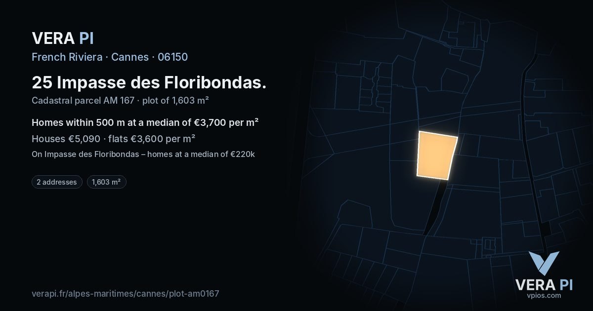 25 Impasse des Floribondas, Cannes at night – the plot lit, the parcels around coloured by the prices near them