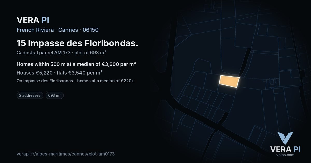 15 Impasse des Floribondas, Cannes at night – the plot lit, the parcels around coloured by the prices near them