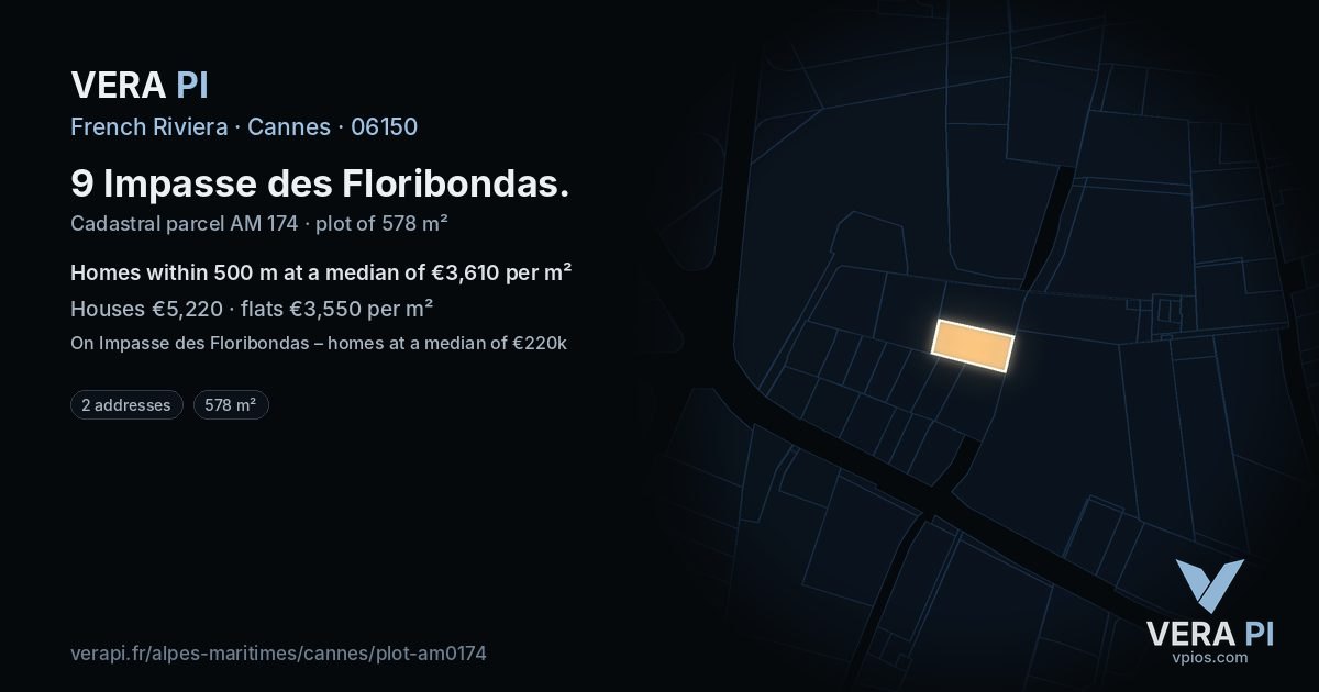 9 Impasse des Floribondas, Cannes at night – the plot lit, the parcels around coloured by the prices near them