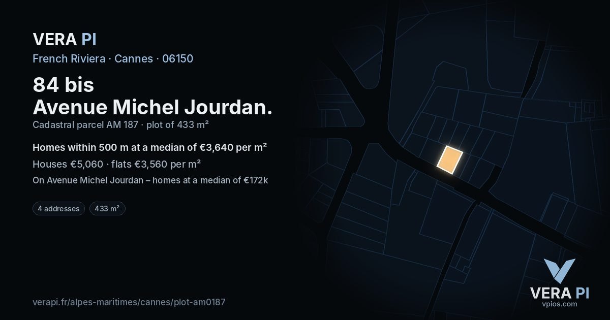 84 bis Avenue Michel Jourdan, Cannes at night – the plot lit, the parcels around coloured by the prices near them