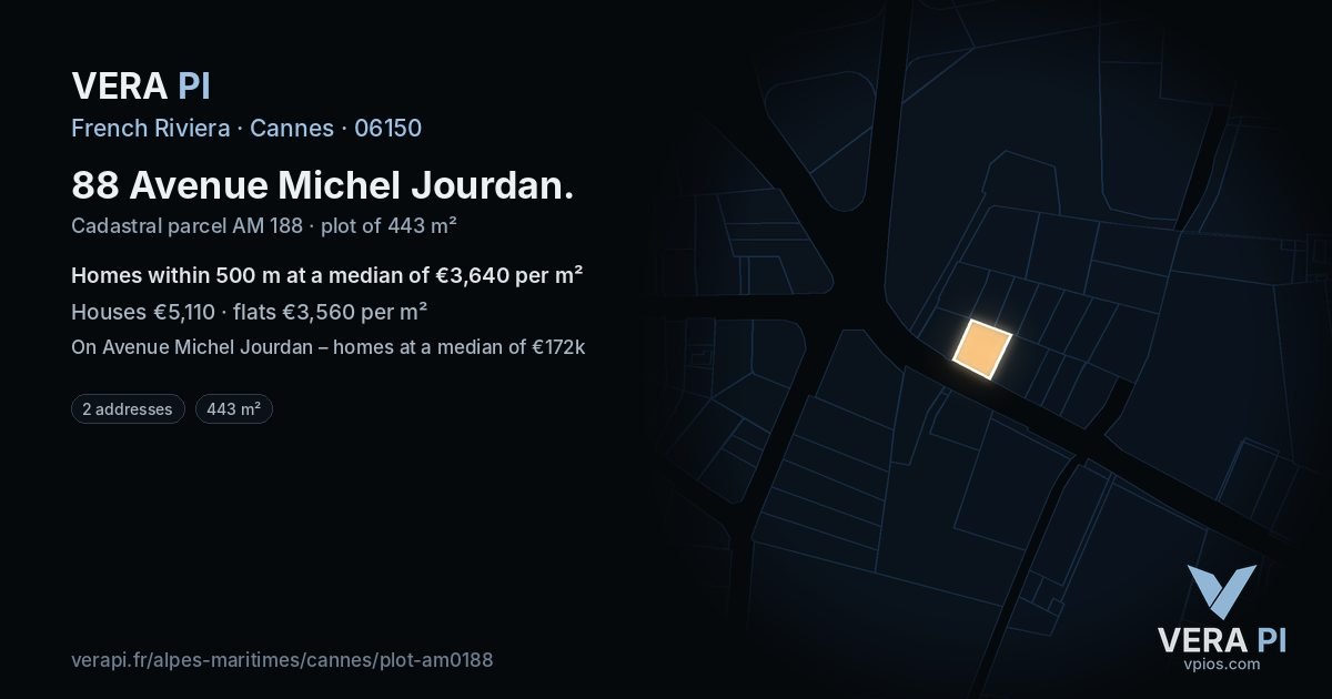 88 Avenue Michel Jourdan, Cannes at night – the plot lit, the parcels around coloured by the prices near them