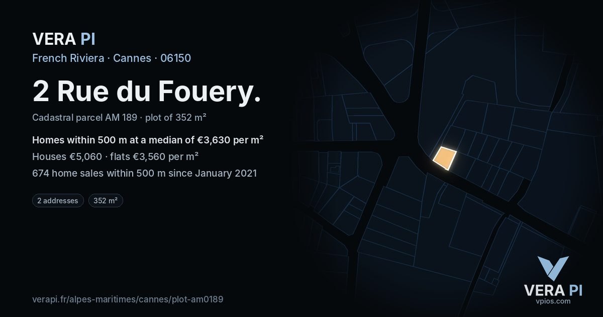 2 Rue du Fouery, Cannes at night – the plot lit, the parcels around coloured by the prices near them