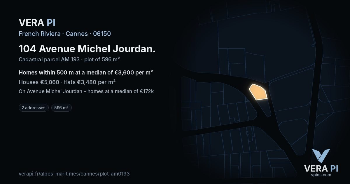 104 Avenue Michel Jourdan, Cannes at night – the plot lit, the parcels around coloured by the prices near them