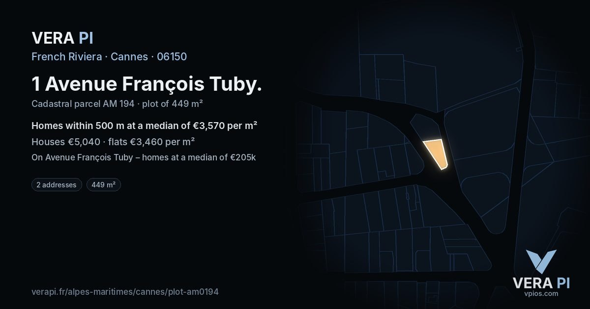 1 Avenue François Tuby, Cannes at night – the plot lit, the parcels around coloured by the prices near them