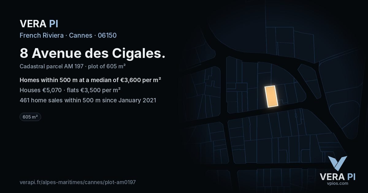 8 Avenue des Cigales, Cannes at night – the plot lit, the parcels around coloured by the prices near them