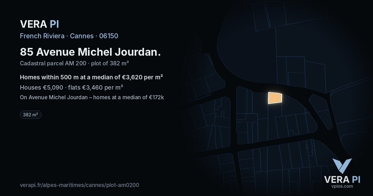 85 Avenue Michel Jourdan, Cannes at night – the plot lit, the parcels around coloured by the prices near them