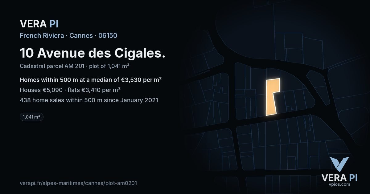 10 Avenue des Cigales, Cannes at night – the plot lit, the parcels around coloured by the prices near them