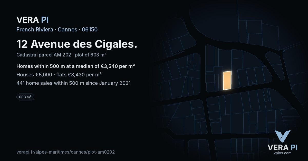 12 Avenue des Cigales, Cannes at night – the plot lit, the parcels around coloured by the prices near them