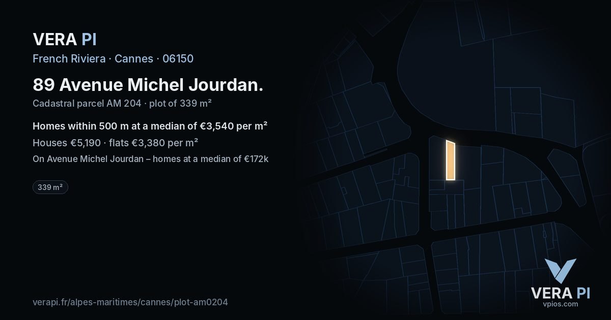 89 Avenue Michel Jourdan, Cannes at night – the plot lit, the parcels around coloured by the prices near them