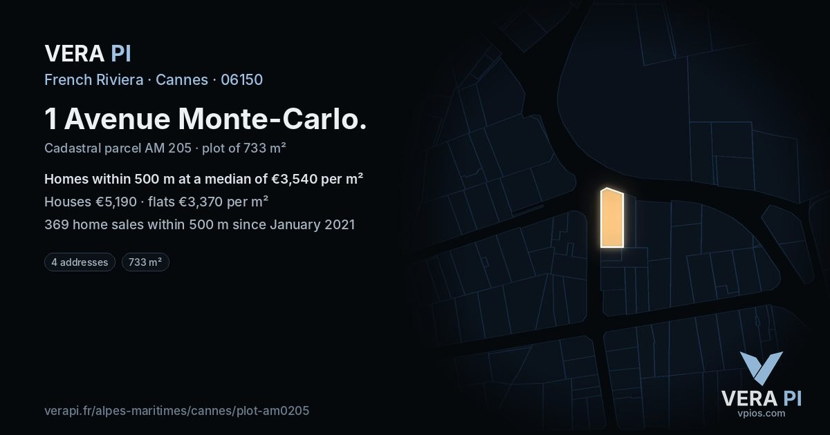 1 Avenue Monte-Carlo, Cannes at night – the plot lit, the parcels around coloured by the prices near them