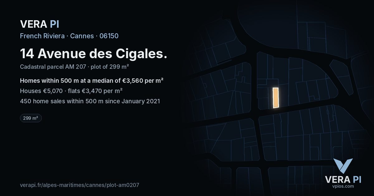 14 Avenue des Cigales, Cannes at night – the plot lit, the parcels around coloured by the prices near them