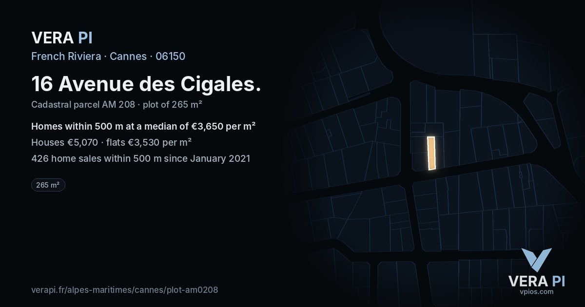 16 Avenue des Cigales, Cannes at night – the plot lit, the parcels around coloured by the prices near them