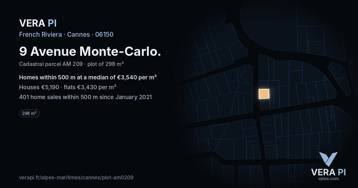 9 Avenue Monte-Carlo, Cannes at night – the plot lit, the parcels around coloured by the prices near them