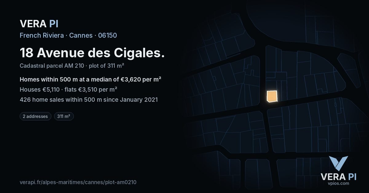 18 Avenue des Cigales, Cannes at night – the plot lit, the parcels around coloured by the prices near them