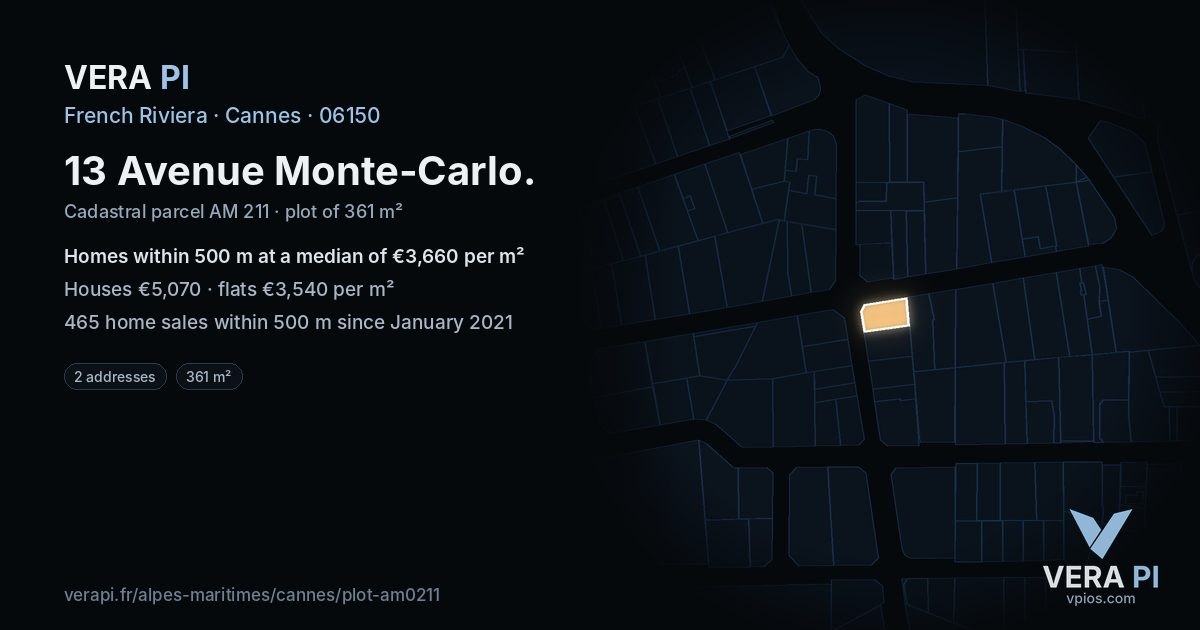 13 Avenue Monte-Carlo, Cannes at night – the plot lit, the parcels around coloured by the prices near them