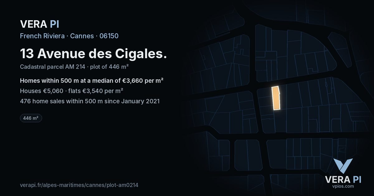 13 Avenue des Cigales, Cannes at night – the plot lit, the parcels around coloured by the prices near them