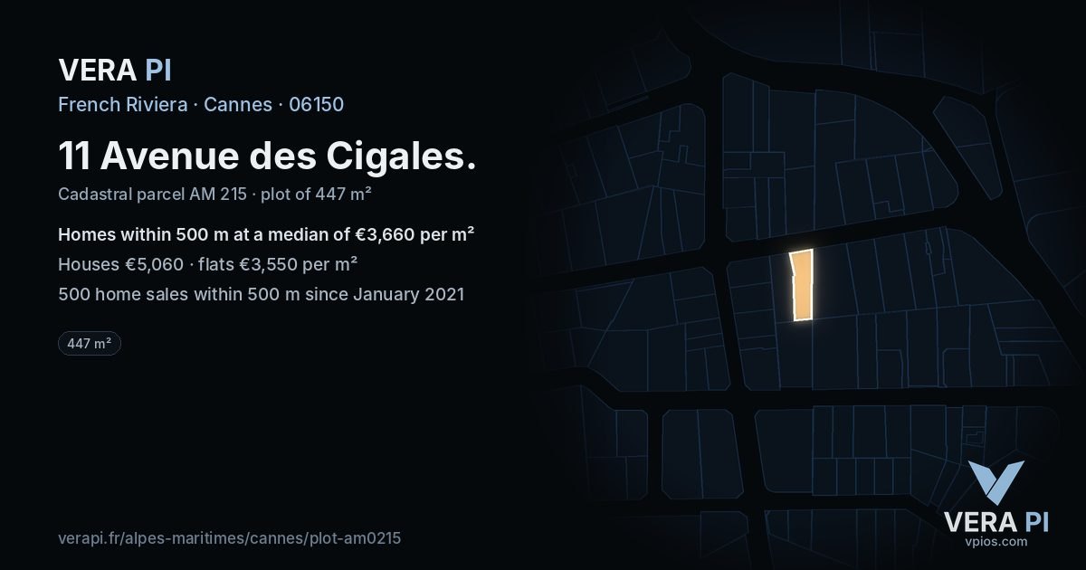 11 Avenue des Cigales, Cannes at night – the plot lit, the parcels around coloured by the prices near them