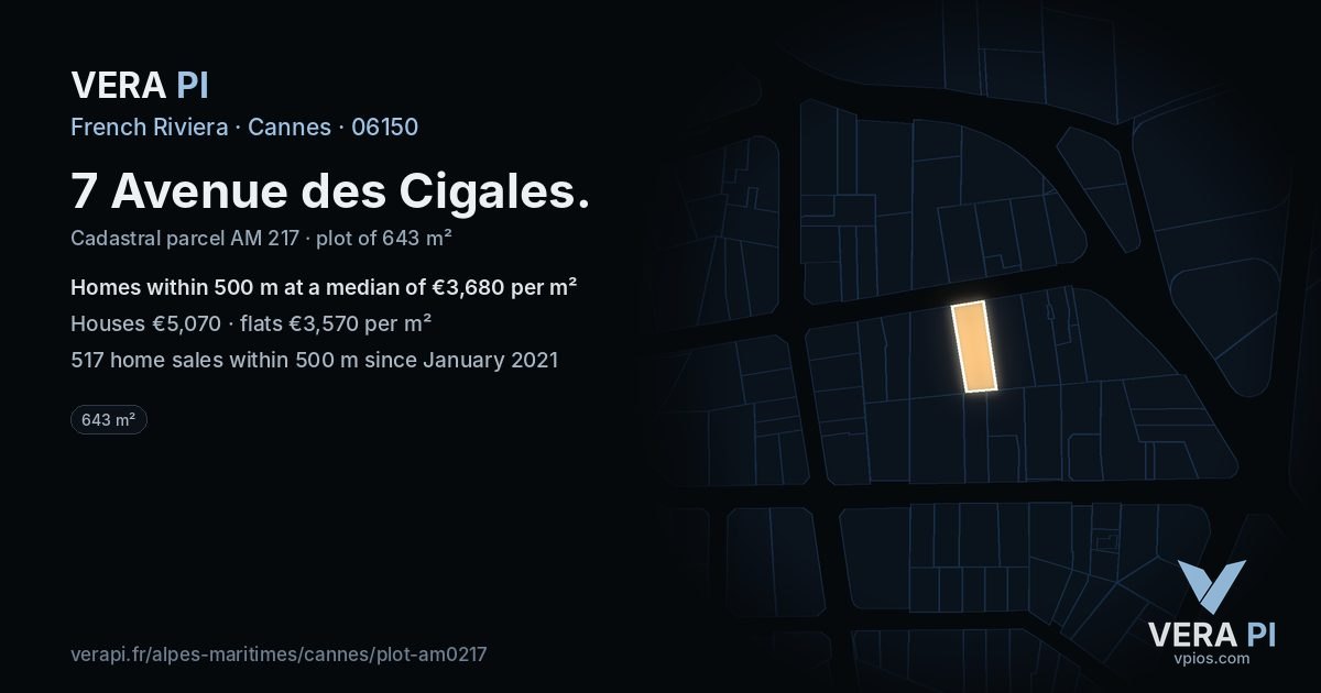 7 Avenue des Cigales, Cannes at night – the plot lit, the parcels around coloured by the prices near them
