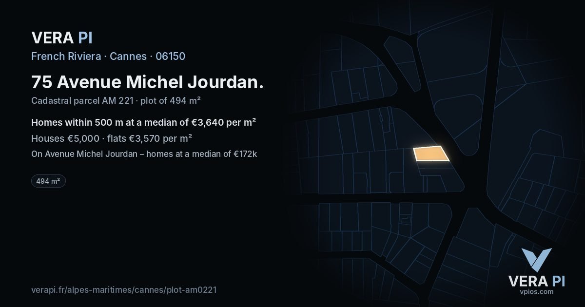 75 Avenue Michel Jourdan, Cannes at night – the plot lit, the parcels around coloured by the prices near them
