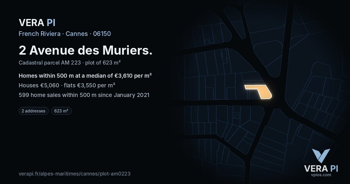 2 Avenue des Muriers, Cannes at night – the plot lit, the parcels around coloured by the prices near them