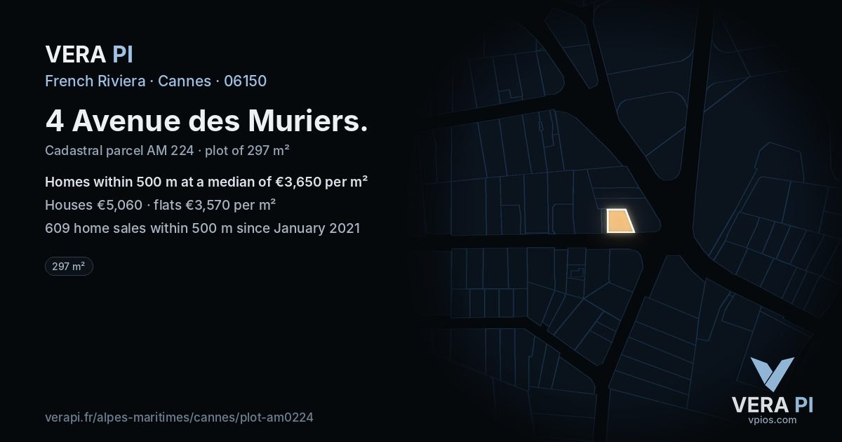 4 Avenue des Muriers, Cannes at night – the plot lit, the parcels around coloured by the prices near them
