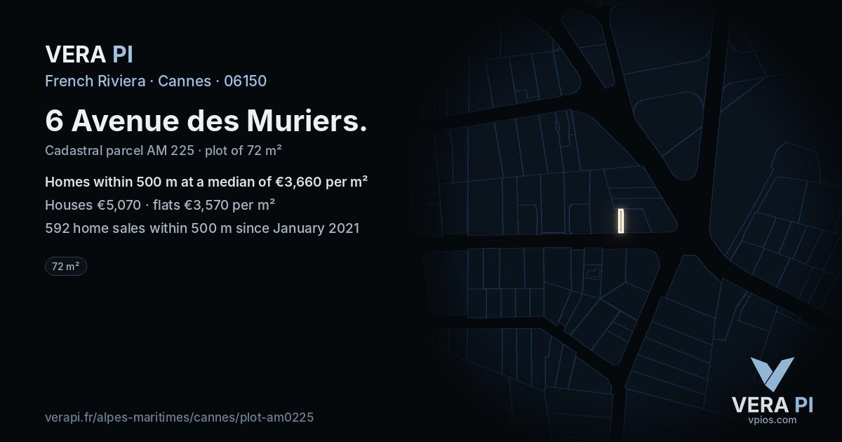 6 Avenue des Muriers, Cannes at night – the plot lit, the parcels around coloured by the prices near them