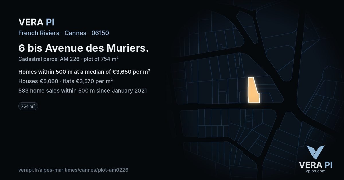 6 bis Avenue des Muriers, Cannes at night – the plot lit, the parcels around coloured by the prices near them