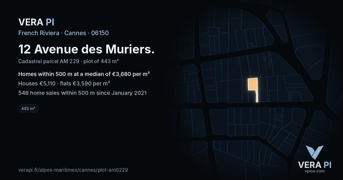 12 Avenue des Muriers, Cannes at night – the plot lit, the parcels around coloured by the prices near them