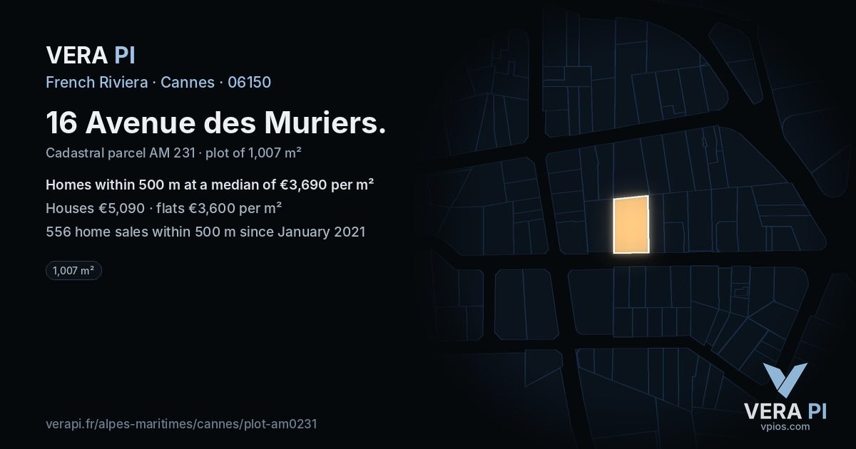 16 Avenue des Muriers, Cannes at night – the plot lit, the parcels around coloured by the prices near them