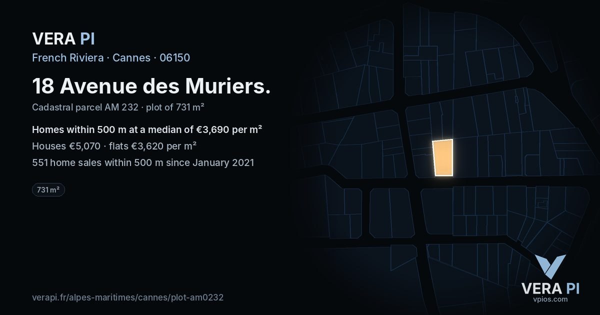 18 Avenue des Muriers, Cannes at night – the plot lit, the parcels around coloured by the prices near them