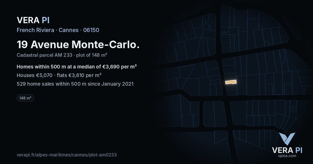 19 Avenue Monte-Carlo, Cannes at night – the plot lit, the parcels around coloured by the prices near them