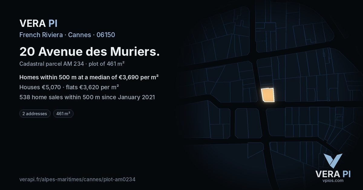 20 Avenue des Muriers, Cannes at night – the plot lit, the parcels around coloured by the prices near them