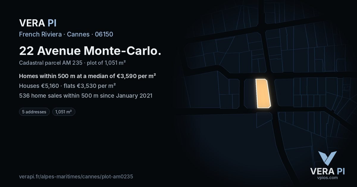 22 Avenue Monte-Carlo, Cannes at night – the plot lit, the parcels around coloured by the prices near them